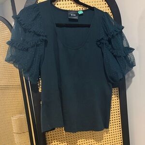 Anthropologie Dark Teal Ruffle Sleeve Blouse